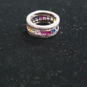 Silver Tone Ring with Multi Colored Gemstones All the Way Around